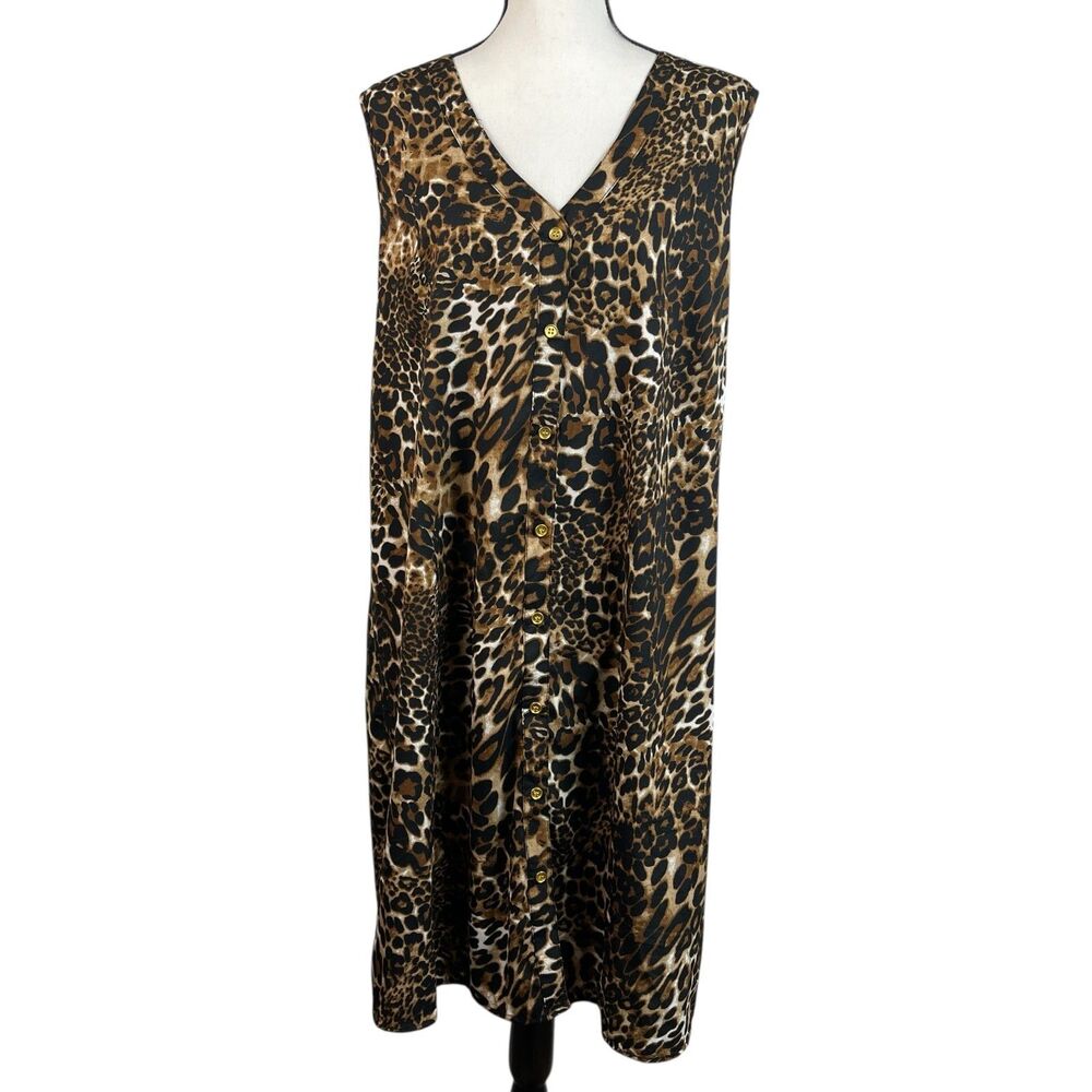 MPH Collection Women’s Dress 2X Animal Print Button Front Sleeveless V‑Neck NWT